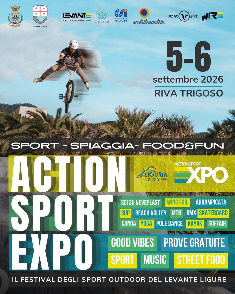 Locandina ufficiale dell'Action Sport Expo 2026: il festival degli sport outdoor del Levante ligure, 5 e 6 settembre 2026 a Riva Trigoso, Sestri Levante.